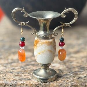 ARTISAN Hand Crafted Genuine Carnelian Ruby Moss Agate & Crystal Dangle Earrings